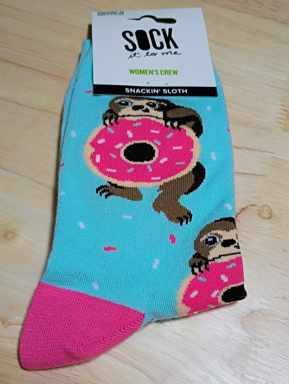 Women's Crew Socks - Turquoise with Pink Donut Sloth